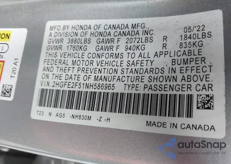 2022 Honda Civic Sport из США, поврежденный, VIN 2HGFE2F51NH586965